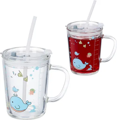 Produktbild von Relaxdays Kindergläser 2er Set, Wal-Motiv, Trinkglas Kinder, mit Henkel, Deckel & Strohhalm, 400 ml Skala, transparent