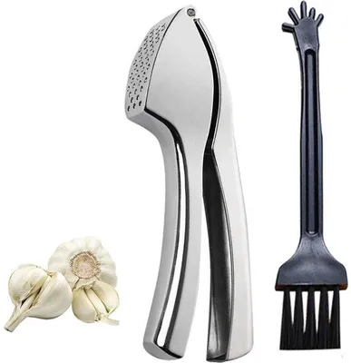Produktbild von Unyqoos® Edelstahl-Knoblauchpresse-Set mit Reinigungsbürste – ergonomische, spülmaschinenfeste Presse für Knoblauch, Ingwer und Nüsse