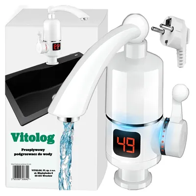 A white electric hot water tap is shown with water flowing from it, next to its packaging which displays a black sink and the product's branding. A power plug is also visible.