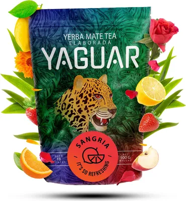 Produktbild von Yaguar - Mate Tee Sangria 500g - Mit Erdbeere, Orange - Luftgetrocknet, Mild, Wenig Staub - Yerba Mate Brasilien - 18 Monate Gereift