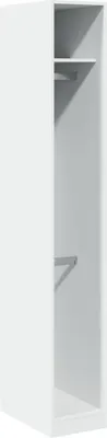 An empty white wardrobe interior with a shelf and a hanging rail.