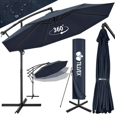 Image de tillvex Parasol bleu marine Ø 350 cm Parapluie de jardin Parapluie de marché Manivelle Balcon Alu Inclinable