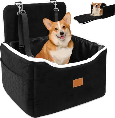 Productafbeelding van Hondenautostoel voor honden tot 15 kg - uitklapbaar tot hondenbed - 2 veiligheidsgordels - kunstleren inlay