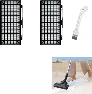 A collage showing vacuum cleaner filters and a cleaning brush, with a separate image of someone vacuuming.
