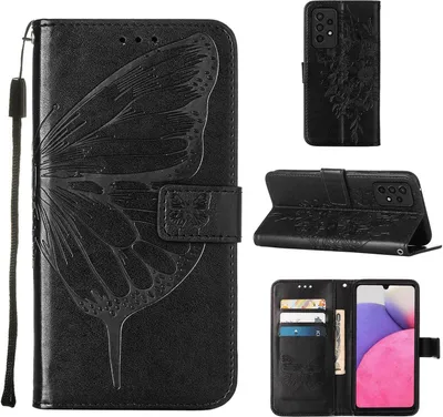 Produktbild von Galaxy A33 5G Hülle, Schmetterling Prägung Flip Leder Kartenfächer Schutzhülle Ledertasche mit Ständer für Samsung Galaxy A33 5G Schwarz