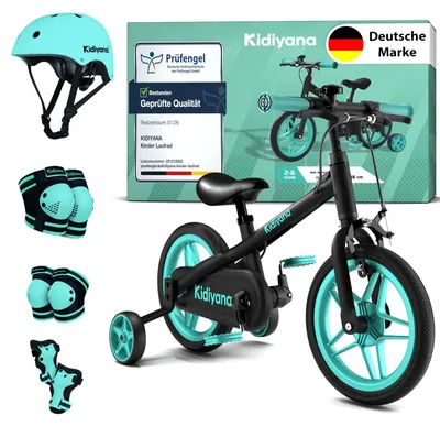 Produktbild von Kidiyana 3-in-1 Kinderfahrrad ab 2 Jahren mit Kinderhelm & Protektoren Set, Laufrad 12 Zoll, Pedale & Stützräder, Aluminium