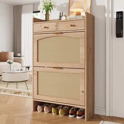 Immagine prodotto di Armadio per scarpe MODFU con 2 ante a ribalta, mobiletto per scarpe con ante in rattan e 2 cassetti, moderno contenitore per scarpe con spazio di stoccaggio per l'ingresso e la zona giorno, design naturale