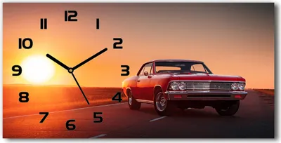 Produktbild von Wanduhr aus Glas – 60x30 cm - Glasbild - Glasuhr - Gehärtetes Glas - schwarze-zeiger - rotes Auto