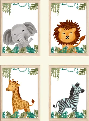 Produktbild von Safari Tiere 4er Set Bilder Elefant Löwe Giraffe Zebra Kinderzimmer Deko DIN A4 Poster Babyzimmer Wandbilder