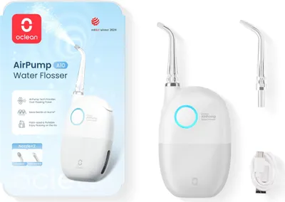 The image shows the packaging of a water flosser on the left and the product itself with accessories on the right.