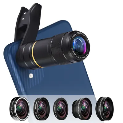 Immagine prodotto di Set universale di obiettivi per smartphone con teleobiettivo, obiettivo fish-eye, obiettivo grandangolare e obiettivo macro