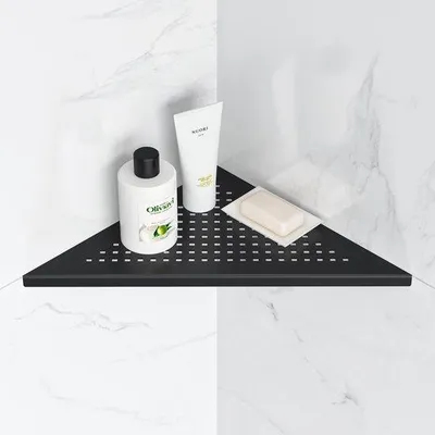 Zdjęcie produktu dla Półka do kabiny prysznicowej Unyqoos® wykonana ze stali nierdzewnej 304, czarna – oszczędza miejsce, odporna na korozję, udźwig do 10 kg, montaż bez wiercenia