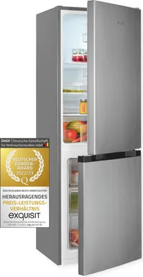 A silver refrigerator with its door slightly ajar, revealing its interior. A golden award badge is placed on the left side of the image.