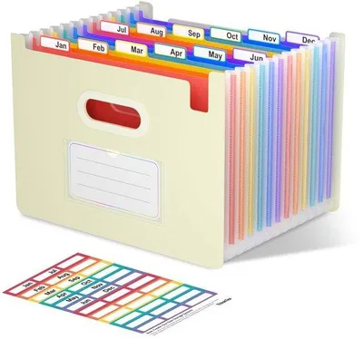 Immagine prodotto di Cartellina a fisarmonica formato A4, 12 scomparti, gialla, verticale, aperta, organizer da ufficio