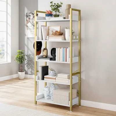 Produktbild von YITAHOME Bücherregal 5 Ebenen, Standregal mit 4 Haken, Lagerregal, Büroregal, 64x30x158 cm, Weiß