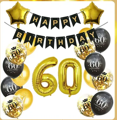 Produktbild von 60 Geburtstag Deko Schwarz Gold,Luftballons 60. Geburtstag Mann Frauen mit Geburtstagsdeko 60 Happy Birthday Banner,Deko 60. Geburtstag Konfetti Luft