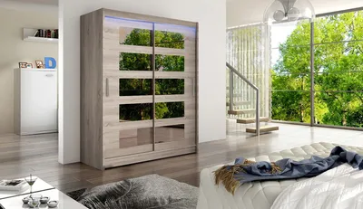 Obrázek produktu pro Šatní skříň 150 cm se zrcadlem a LED osvětlením ELADIO 5 - dub lanýž
