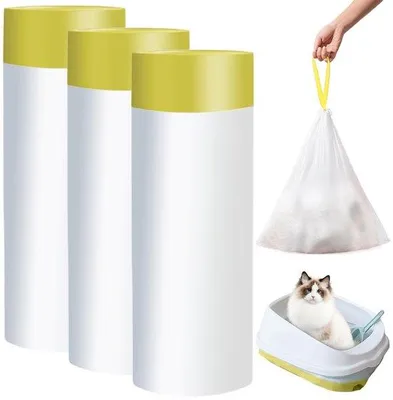 Image de Trois rouleaux de sacs pour litière pour chat résistants et durables, avec cordon de serrage, autonettoyants et réutilisables, aux dimensions de 94 x 45 cm.