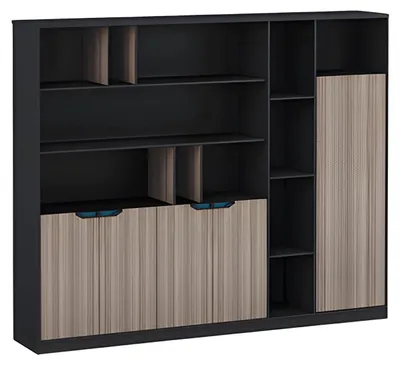 Produktbild von Büroschrank Regalwand Holzoptik Braun Schwarz Türen Fächer Ordner Modern Blau