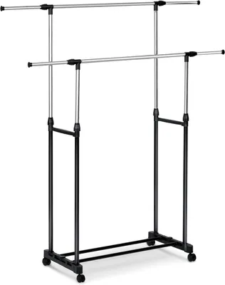 Image de Porte-vêtements sur roulettes, en métal, avec 2 barres, réglable en hauteur et en largeur, pour le rangement