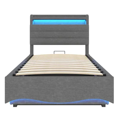 Produktbild von Polsterbett mit LED-Beleuchtung, USB/Type-C Anschlüssen, Stauraum, gepolstertem Kopfteil, 90x200cm, Einzelbett, Stauraumbett, Leinen