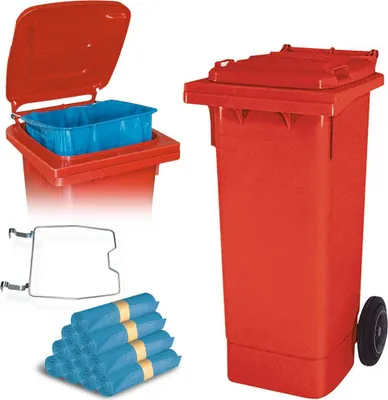 Produktbild von BRB 80 Liter Mülltonne rot mit Halter für Müllsäcke, inkl. 250 Müllsäcke