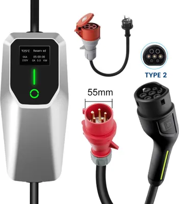 JUNSUN Typ 2 Ladekabel CEE16A-Stecker Mit Schuko Adapter 11kW[3-phasig, 5m, 6-16A], EV Ladegerät mit Steuerbarer Digitalanzeige für Elektroauto
