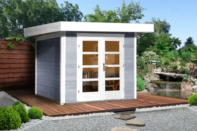 Produktbild von WEKA 126.3021.45000 Gartenhaus/Blockbohlenhaus Chill-Out 1 /Doppeltür/ ; Größe: 1 ; Farbgebung: Grau ; Wandstärke: 28 mm ; Maße (LxBxH): 295 cm x 260 cm x 226 cm ; Seitenwandhöhe: 217 cm