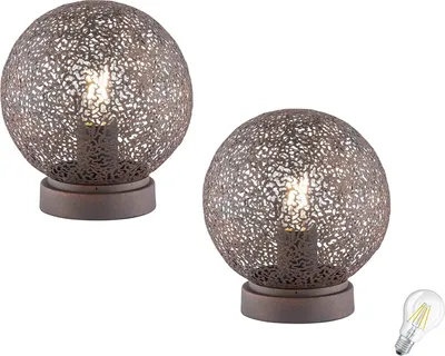 Produktbild von 2er Set Tischleuchte E27 Rostoptik m. Schnurschalter Retro Beistelltisch Tischlampe Nachttischlampe Lampe Vintage incl. LED