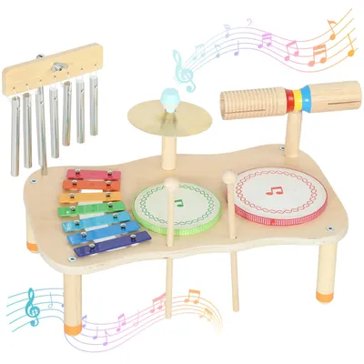 Image de Instruments de musique en bois pour enfants - Ensemble musical Montessori - Tambour, xylophone, cymbales - Jouet éducatif pour les enfants de 3 à 6 ans - Non électrique - Jaune