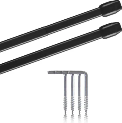 Two black curtain rods and four screws are shown against a white background.