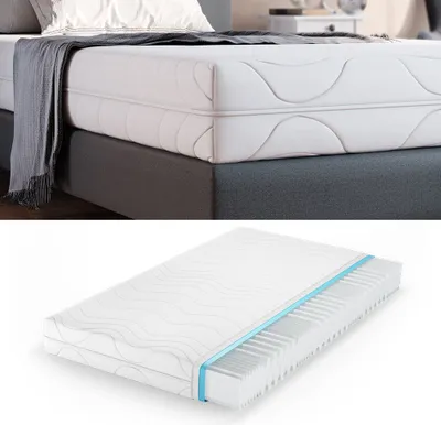 A mattress shown in two views: one on a bed with bedding and a blanket, and another as a cutaway showing its internal structure.