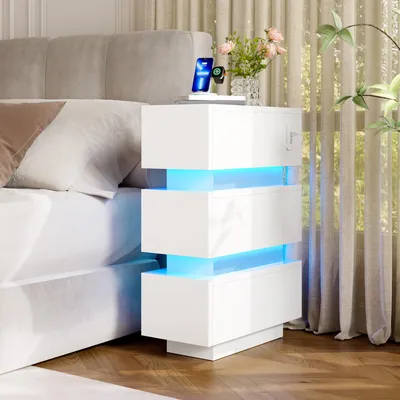 Produktbild von STILVORA Nachttisch mit Steckdose und LED-Beleuchtung, Nachtkommode mit 3 Schubladen, Beistelltisch im 2er-Set mit Stauraum