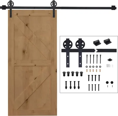 Produktbild von Schiebetüren-Beschlagsatz 200 cm Komplett-Set mit Schienen, Rollen, Schienenstopper, Bodenblock, Set Türschrauben, Schiebetürsystem aus Kohlenstoffstahl Schwarz