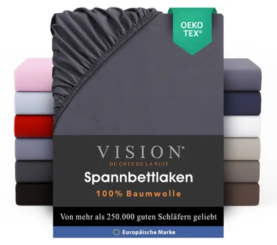 Productafbeelding van VISION spreihoes – 100% katoen – enkel bed (90 x 190 cm) – elastische hoeken – geschikt voor matrassen tot 25 cm – certificering – machinewasbaar – kleur: donkergrijs
