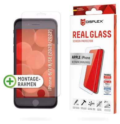 Produktbild von Displex Panzerglas (10H) für Apple iPhone 6/7/8/SE (2020/2022), Eco-Montagerahmen, Tempered Glas, kratzer-resistente Schutzfolie, hüllenfreundlich, Apple, iPhone 6/ iPhone 7/ iPhone 8/ iPhone SE (2020/2022), Trockene Anwendung, Schlagfest, Kratzresistent, Staubresistent, Transparent, 1 Stück(e)