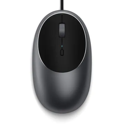 A top-down view of a wired computer mouse on a white background.