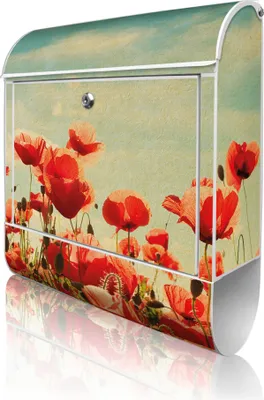 Produktbild von banjado Design Briefkasten Stahl weiß mit Zeitungsfach pulverbeschichtet "Oktobermohn" 38x46x12,5cm & 2 Schlüssel - Postkasten A4 Einwurf inkl. Montagematerial [BKW 10753]