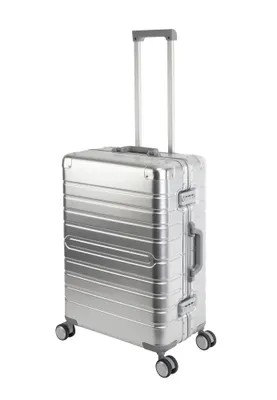 A silver aluminum suitcase with a retractable handle and wheels, shown against a white background.