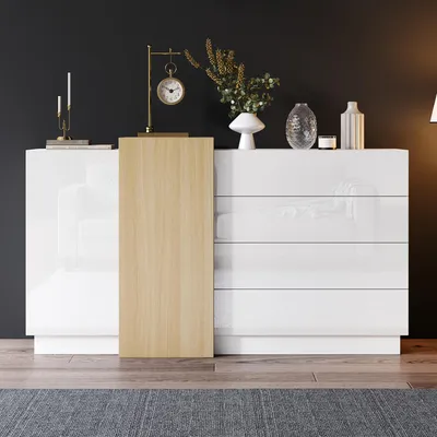 Obrázek produktu pro Bílá, lesklá komoda s rozměry 140x35x76,5 cm, s čtyřmi zásuvkami a dvěma dvířky, vyrobená z MDF. Moderní komoda s úložným prostorem, vhodná do obývacího pokoje i chodby
