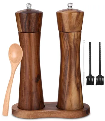 Image de Omgoods - Ensemble de moulins à sel et à poivre - Moulins en bois - Mécanisme de broyage en céramique - Réglable pour les épices - Ensemble de 2 pièces - 21,5 cm - Moulin à épices