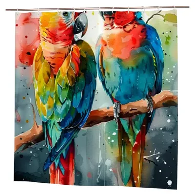 Produktbild von Duschvorhang mit Papageien, wasserdicht, 183 x 183 cm, inklusive 12 Haken, maschinenwaschbar