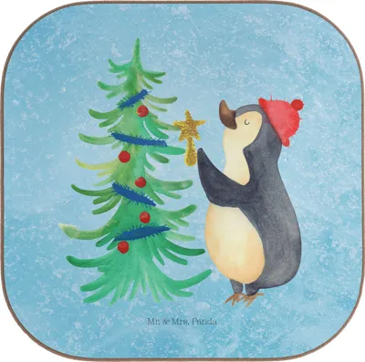 Produktbild von Mr. & Mrs. Panda Holzuntersetzer Pinguin Weihnachtsbaum - Eisblau - Geschenk, Weihnachten, Tassen Untersetzer, für Gläser, gläseruntersetzer, Tischschoner, Winter