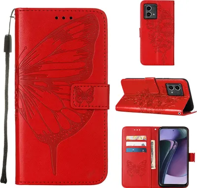 Produktbild von Lederhülle für Motorola Moto G Stylus 5G (2023) Schmetterling Prägung Flip Ledertasche Kartenfächer Handyhülle mit Ständer Rot