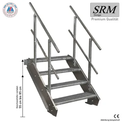 Produktbild von 4 Stufen Stahltreppe beidseitig. Geländer Breite 120cm Geschosshöhe 55-85cm
