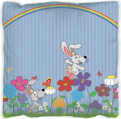 Produktbild von Wallario Premium Kissen, weiche Oberfläche, mit Motiv Süße Hasen unter einem Regenbogen, Größe: 40 x 40 cm, mit weißer Rückseite