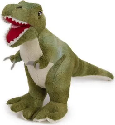 A plush toy dinosaur, a T-Rex, is shown against a white background.