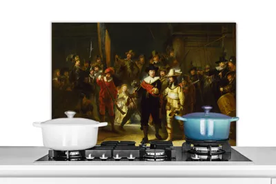 Produktbild von KitchenYeah®  Spritzschutz Küche - Küchenrückwand - Wandschutz für Herd und Spüle - Die Nachtwache - Rembrandt van Rijn 90x60 - Alu-Dibond (Alternative zum Spritzschutz aus Glas) - Hitzebeständig - He