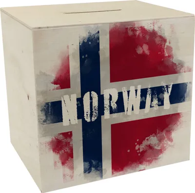 Produktbild von Spardose aus Holz mit Norwegen-Flagge im Used Look - Sparschwein für Urlauber