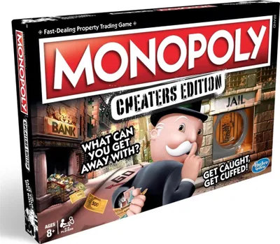The image shows the box of the Monopoly Cheaters Edition board game, with a cartoonish depiction of Mr. Monopoly peeking from behind a stack of money and pointing to his lips, suggesting secrecy. The background features elements of a bank and a jail cell.